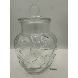 Vintage Clear Embossed Glass Cookie Jar w/ Lid – 11” Christmas-Style Canister